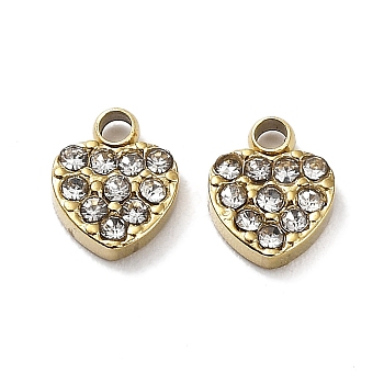 Ion Plating(IP) 304 Stainless Steel Charms, with Crystal Rhinestone, Heart Charm, Real 18K Gold Plated, 7x5x1.5mm, Hole: 1mm