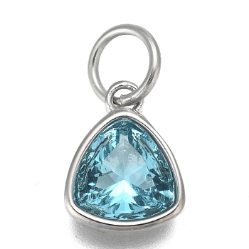 304 Stainless Steel Cubic Zirconia Pendant, Triangle, Stainless Steel Color, Dark Turquoise, 12.5x9.5x5mm, Hole: 5mm