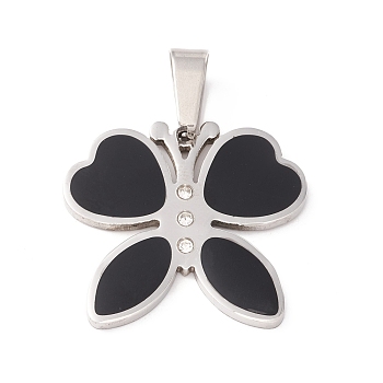 304 Stainless Steel Enamel Pendants, with Rhinestone, Butterfly, Stainless Steel Color, 27x29.5x2mm, Hole: 9.5x4.5mm