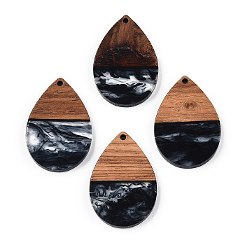 Transparent Resin & Walnut Wood Pendants, Teardrop Charms, Black, 36x24.5x3.5mm, Hole: 2mm