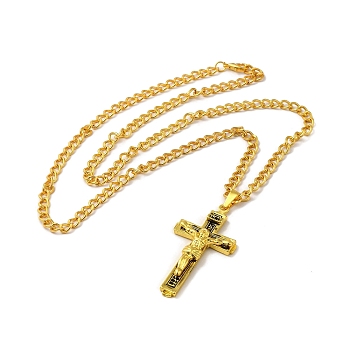 Cross with Jesus Alloy Pendant Necklace with Iron Box Chains, Antique Golden, 23.03 inch(58.5cm)