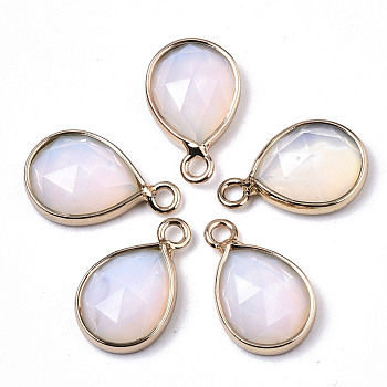 Opalite Charms, with Light Gold Plated Brass Edge and Loop, Teardrop, Faceted, 14x9x4.5mm, Hole: 1.5mm