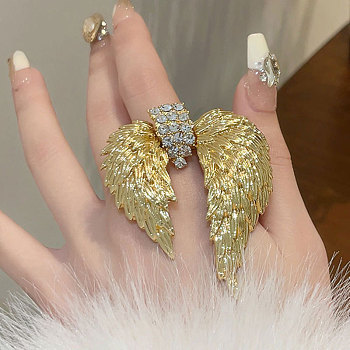 Wing Alloy Rhinestone Adjustable Rings for Women, Golden, Inner Diameter: 16mm