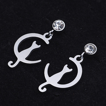201 Stainless Steel Kitten Dangle Stud Earrings, with Clear Cubic Zirconia, Crescent Moon with Cat, Stainless Steel Color, 23mm, Pin: 0.8mm