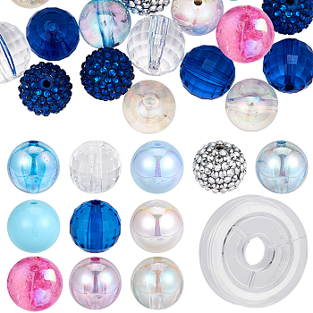 DIY Ocean Theme Bracelet Making Kit, Including Acrylic Round Beads with Rhinestone, Elastic Thread, Blue, Beads: 48Pcs/bag