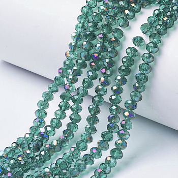 Electroplate Transparent Glass Beads Strands, Half Rainbow Plated, Faceted, Rondelle, Dark Cyan, 3x2mm, Hole: 0.8mm, about 150~155pcs/strand, 15~16 inch(38~40cm)