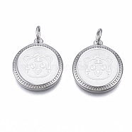 Ion Plating(IP) 304 Stainless Steel Pendants, with Jump Rings, Flat Round with Tiger, Stainless Steel Color, 17.5x15.5x2mm, Jump Ring: 5x1mm, 3mm inner diameter(STAS-N097-225P)