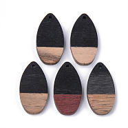 Resin & Walnut Wood Pendants, teardrop, Black, 31x16x3.5~4mm, Hole: 1.5mm(X-RESI-S358-16H)