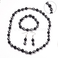 Necklaces & Stretch Bracelets & Dangle Earrings Jewelry Sets, with Stainless Steel Findings, Magnetic Synthetic Hematite and Natural Black Agate Beads, Platinum, 20.2 inch(51.5cm), 53mm, Pin: 0.6mm, 2-1/8 inch(5.4cm)(SJEW-I198-03P)
