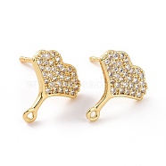 Brass Micro Pave Clear Cubic Zirconia Stud Earring Findings, with Horizontal Loops, Gingko Leaf, Real 18K Gold Plated, 12.5x11.5mm, Hole: 1mm, Pin: 0.7mm(ZIRC-F133-10G)