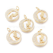 Brass Micro Pave Cubic Zirconia Pendants, with Jump Rings and Natural Shell, Long-Lasting Plated, Cadmium Free & Lead Free & Nickel Free, Flat Round with Angel, Clear, Real 18K Gold Plated, 18x16x3mm, Hole: 3.4mm(KK-I673-35G)