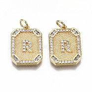 Brass Micro Pave Clear Cubic Zirconia Pendants, Nickel Free, Real 18K Gold Plated, Rounded Rectangle with Word, Letter.R, 19x14x2.5mm, Jump Ring: 5x0.7mm, 3mm inner diameter(KK-S356-234R-G-NF)
