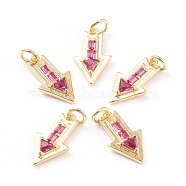 Brass Micro Pave Cubic Zirconia Pendants, with Jump Rings, Long-Lasting Plated, Arrow, Fuchsia, Real 18K Gold Plated, 16x9x3mm, Jump Ring: 4.5x0.8mm, Hole: 2.8mm(ZIRC-I043-08G)