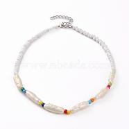 Nuggets ABS Plastic Imitation Pearl Beaded Necklaces, with Glass Seed Beads and Platinum Plated Alloy Lobster Claw Clasps, White, 14.56 inch(37cm)(NJEW-JN03290-01)