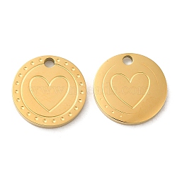 Ion Plating(IP) 316L Surgical Stainless Steel Charms, Flat Round with Heart Charm, Real 18K Gold Plated, 12x1.5mm, Hole: 1.6mm(STAS-F302-01G)