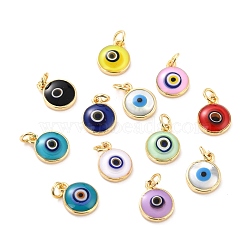 Brass Charms, with Enamel & Natural Shell Slice, Flat Round with Evil Eye, Mixed Color, 12.5x10x3mm, Inner Diameter: 2.8mm (KK-C231-05)