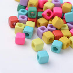 Solid Color Acrylic European Beads, Cube Large Hole Beads, Mixed Color, 7x7x7mm, Hole: 4mm, about 1900pcs/500g(SACR-T001-02M)