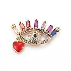 Brass Cubic Zirconia Pendant, with Enamel, Eye and Heart, Golden, Red, 20.4x27.9x3.1mm, Hole: 1.2mm(ZIRC-O031-10G-01)