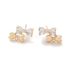 Brass Clear Cubic Zirconia Stud Earrings Finding for Women, with Loop, Bowknot, Real 14K Gold Plated, 10x15.5mm, Hole: 1mm, Pin: 11.5x0.7mm(KK-A244-15G)