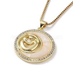 Mother's Day Brass Micro Pave Clear Cubic Zirconia Pendant Necklaces, Shell Necklace with Golden 304 Stainless Steel Chains, Flat Round, 15.83 inch(40.2cm), Flat Round: 28x25mm(NJEW-G126-01A)