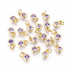 Brass with Single Cubic Zirconia Charms, Single Stone Charms, Flat Round, Golden, Lilac, 6.5x4.5x2mm, Hole: 2.5~3mm(ZIRC-F095-03G-05)