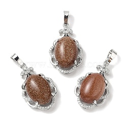 Synthetic Goldstone Oval Pendants, Platinum Tone Brass Micro Pave Clear Cubic Zirconia Flower Charms, Long-Lasting Plated, Lead Free & Cadmium Free, 30x19x10mm, Hole: 7.8x5mm(G-NH0025-15P-02)