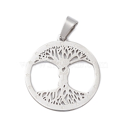 304 Stainless Steel Pendants, Laser Cut, Flat Round with Tree of Life Charm, Stainless Steel Color, 27.5x25x1mm, Hole: 7x4.5mm(STAS-D068-01P)