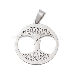 Non-Tarnish 304 Stainless Steel Pendants, Laser Cut, Flat Round with Tree of Life Charm, Stainless Steel Color, 27.5x25x1mm, Hole: 7x4.5mm(STAS-D068-01P)