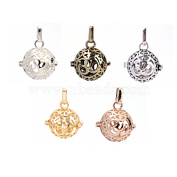 Rack Plating Brass Cage Pendants, For Chime Ball Pendant Necklaces Making, Hollow Round with Om Symbol, Mixed Color, 25x24x20.5mm, Hole: 3x7mm, inner measure: 18mm(KK-S751-012-M)