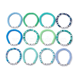 12Pcs Handmade Polymer Clay Heishi Beads Stretch Bracelets, Acrylic Word Love Beaded Bracelets for Women, Mixed Color, Inner Diameter: 2-1/2 inch(6.3cm), 12pcs/set(BJEW-JB10073)