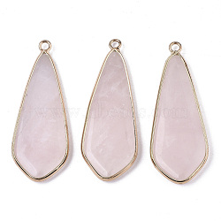 Natural Rose Quartz Pendants, with Light Gold Plated Brass Edge and Loop, Teardrop, 49x18x4.5mm, Hole: 2.5mm(G-S359-108G)