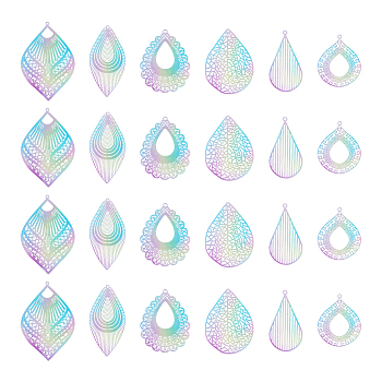 24Pcs 6 Style Spray Painted 430 Stainless Steel Pendants, Teardrop & Leaf Charm, Colorful, 40~56x23.5~37x0.5mm, Hole: 1.4~2mm, 4pcs/style