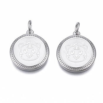 Ion Plating(IP) 304 Stainless Steel Pendants, with Jump Rings, Flat Round with Tiger, Stainless Steel Color, 17.5x15.5x2mm, Jump Ring: 5x1mm, 3mm inner diameter