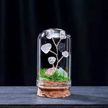 Natural Quartz Crystal Display Decorations, Miniature Plants, with Glass Cloche Bell Jar Terrarium and Cork Base, Tree, 30x57mm