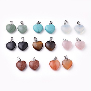 Natural & Synthetic Mixed Stone Pendants, with Platinum Tone Brass Findings, Heart, 17~19x15~16x5~6mm, Hole: 2mm, 16pcs/set