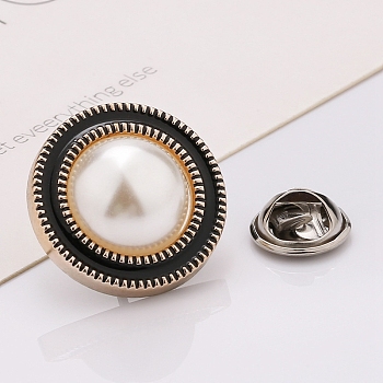 Plastic Brooch, Alloy Pin, with Enamel, Imitation Pearl, for Garment Accessories, Round, Black, 18mm