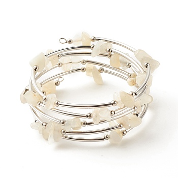5-Loop Natural White Moonstone Chip Beaded Wrap Bracelets for Women, Steel Memory Wire Bracelet, Platinum, Inner Diameter: 2-1/8 inch(5.45cm)