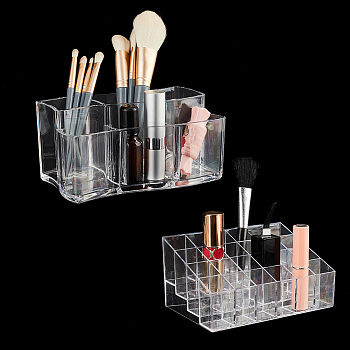 PandaHall Elite 2Pcs 2 Style Beauty Tool Sets, including Plastic Lisptick Stand Display Trays and Plastic Makeup Brush Holder, Clear, 14.5x9.5x7.2cm and 9x19x10.2cm, 1pc/style