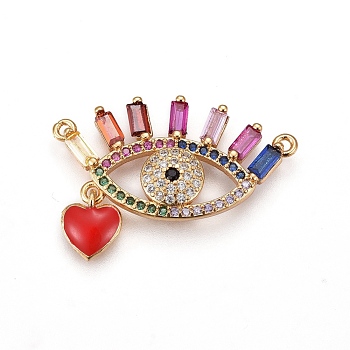 Brass Cubic Zirconia Pendant, with Enamel, Eye and Heart, Golden, Red, 20.4x27.9x3.1mm, Hole: 1.2mm