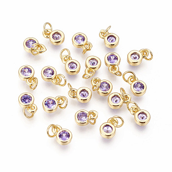 Brass with Single Cubic Zirconia Charms, Single Stone Charms, Flat Round, Golden, Lilac, 6.5x4.5x2mm, Hole: 2.5~3mm