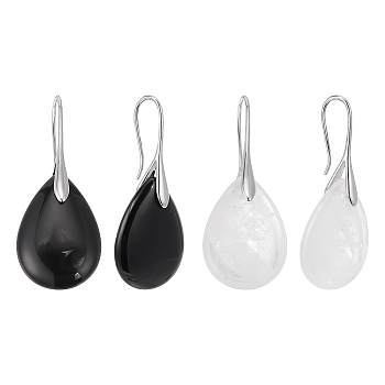 2 Pairs 2 Style Natural Quartz Crystal & Black Agate Teardrop Dangle Earrings with Brass Pins for Women, 42.5x18mm, 1 pair/style