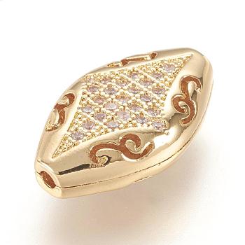 Brass Micro Pave Cubic Zirconia Beads, Real 18K Gold Plated, Horse Eye, Golden, 16.5x10x5mm, Hole: 2mm