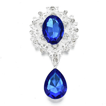 Alloy Flat Back Cabochons, with Acrylic Rhinestones, Oval and Teardrop, Silver Color Plated, Faceted, Blue, 58x29x7mm, Pendant: 24.5x13x7mm