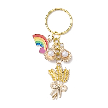 Alloy Enamel Keychain, with Plastic Beads & Iron Findings, Wheat, Rainbow, Shell Shape, Mixed Color, 85mm