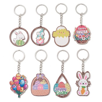 8Pcs 8 Styles Easter Wooden Keychains, with Iron Split Key Rings, Mixed Shapes, Mixed Color, 10.2~11.1cm, 1pc/style