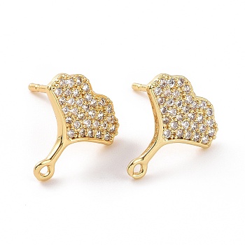 Brass Micro Pave Clear Cubic Zirconia Stud Earring Findings, with Horizontal Loops, Gingko Leaf, Real 18K Gold Plated, 12.5x11.5mm, Hole: 1mm, Pin: 0.7mm
