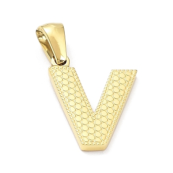 Ion Plating(IP) 316L Surgical Stainless Steel Pendants, Real 18K Gold Plated, Letter Charm, Textured, Letter V, 17x13.5x1.6mm, Hole: 3.5mm