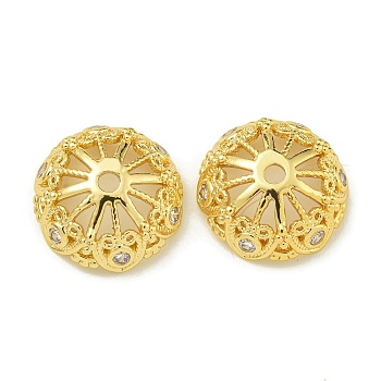 Rack Plating Brass Micro Pave Clear Cubic Zirconia Bead Caps, Long-Lasting Plated, Lead Free & Cadmium Free, Flower, Real 18K Gold Plated, 14.5x5.5mm, Hole: 1.8mm