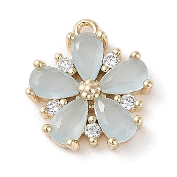Brass Micro Pave Cubic Zirconia Charms, Real 18K Gold Plated, Flower, Light Blue, 13x11.5x3mm, Hole: 1mm
