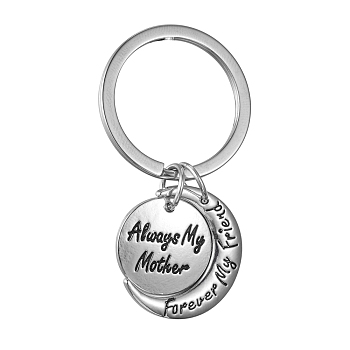 Alloy Keychain, Mother's Day Gifts, Cadmium Free & Lead Free, Flat Round & Moon with Word Always My Mother, Forever My Friend, Platinum, 52mm